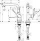 Küchenmischer von AXOR mit einem Schwenkauslauf. Skizze zeigt die Maße und Details des Designs in technischer Zeichnung.